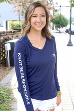 V Neck Ladies Sleeve Logo Performance Long Sleeve - Navy